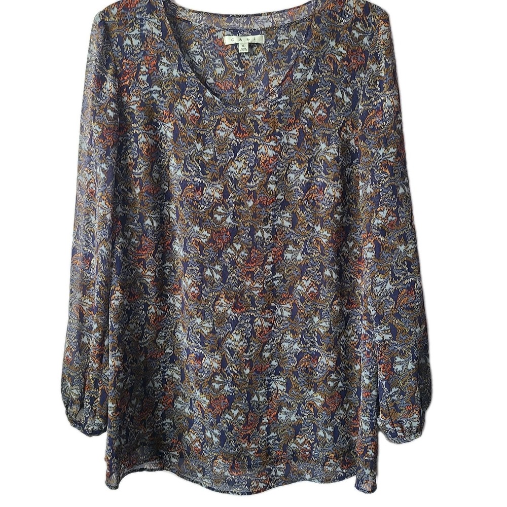 Cabi Women's Tapestry Print Tunic Blouse Chiffon Layers V-Neck Long Sleeve Sz S